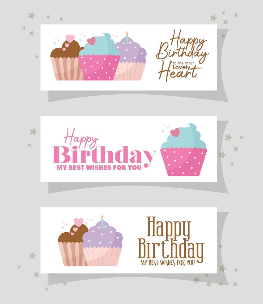 bundle of card with cupcakes and happy birthdays letterings on a gray background vector