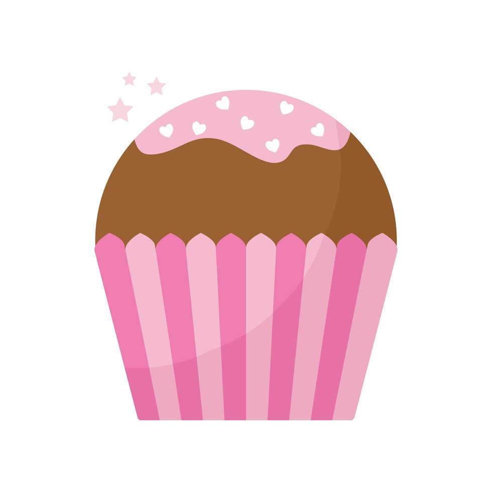 cupcake cubierto con glaseado rosa y corazones vector