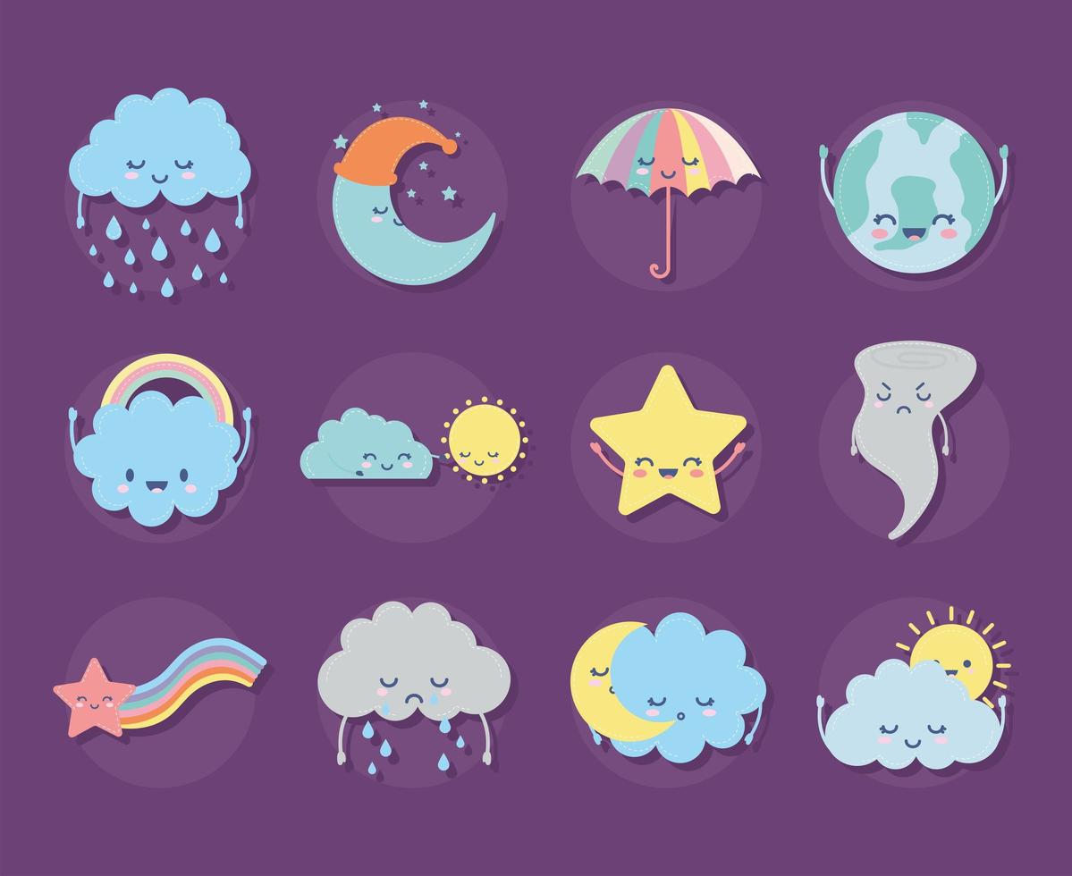 set of weather icons on a purple background vector