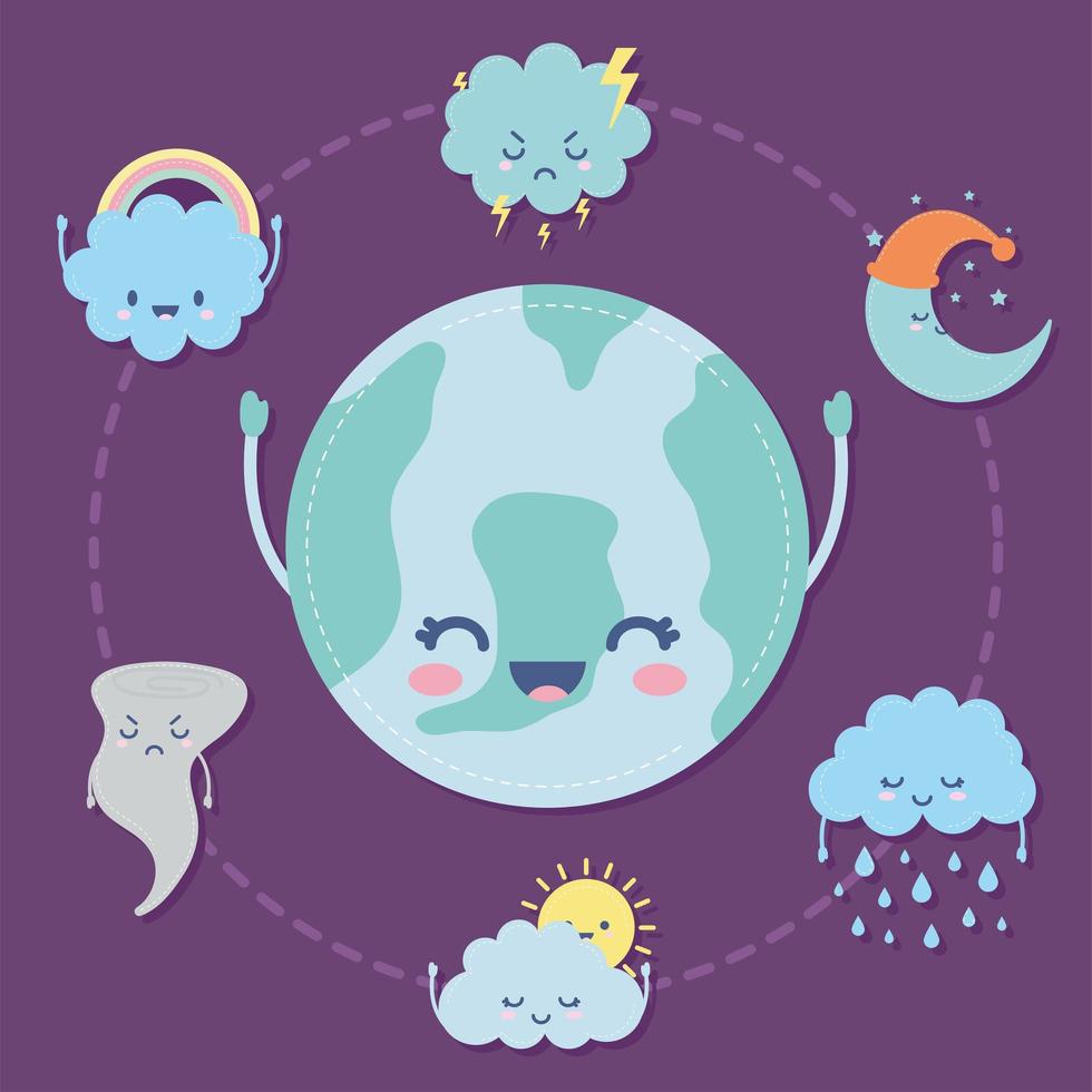 group of weather icons over a purple background vector