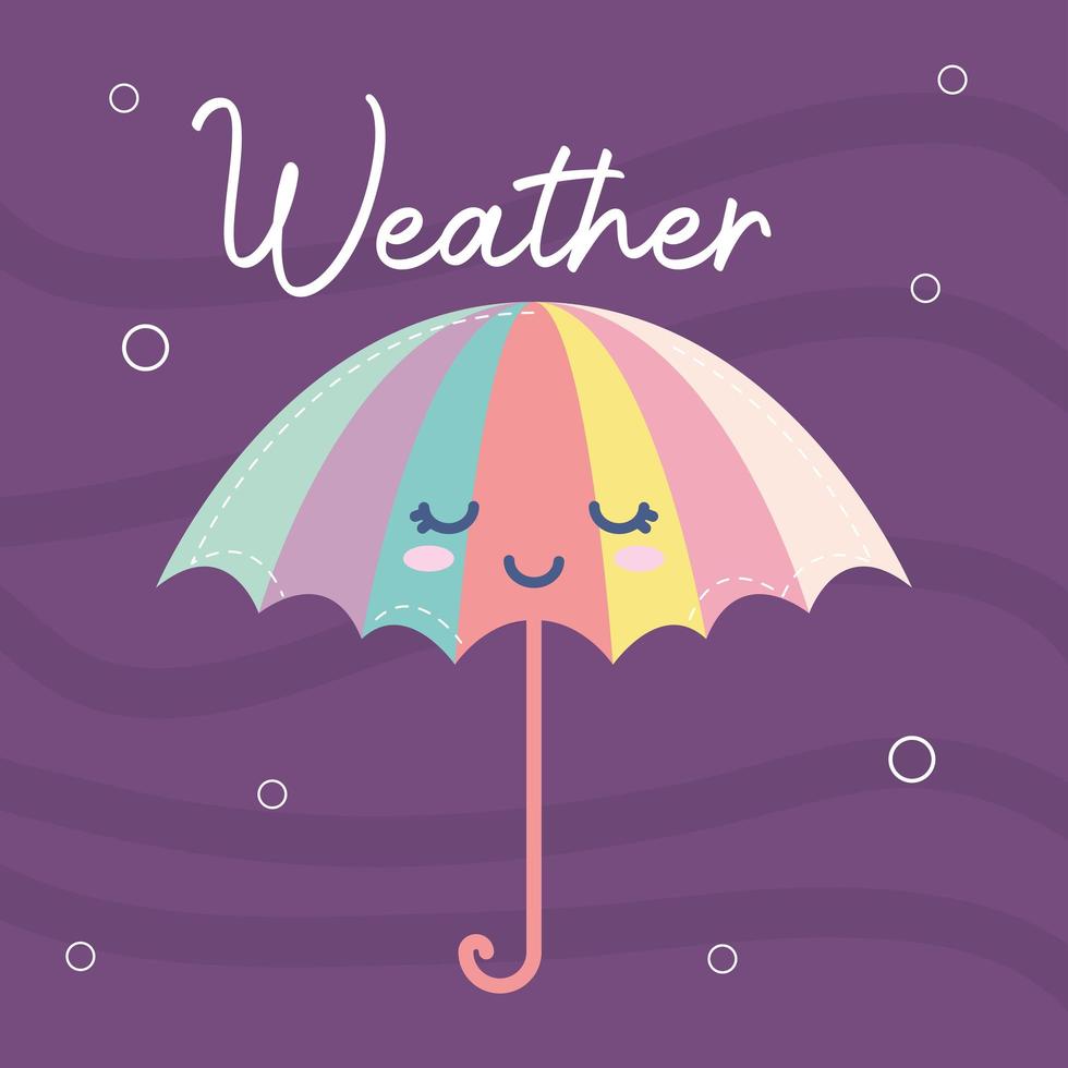 weather icon of a umbrella smiling and weather lettering on a purple background vector