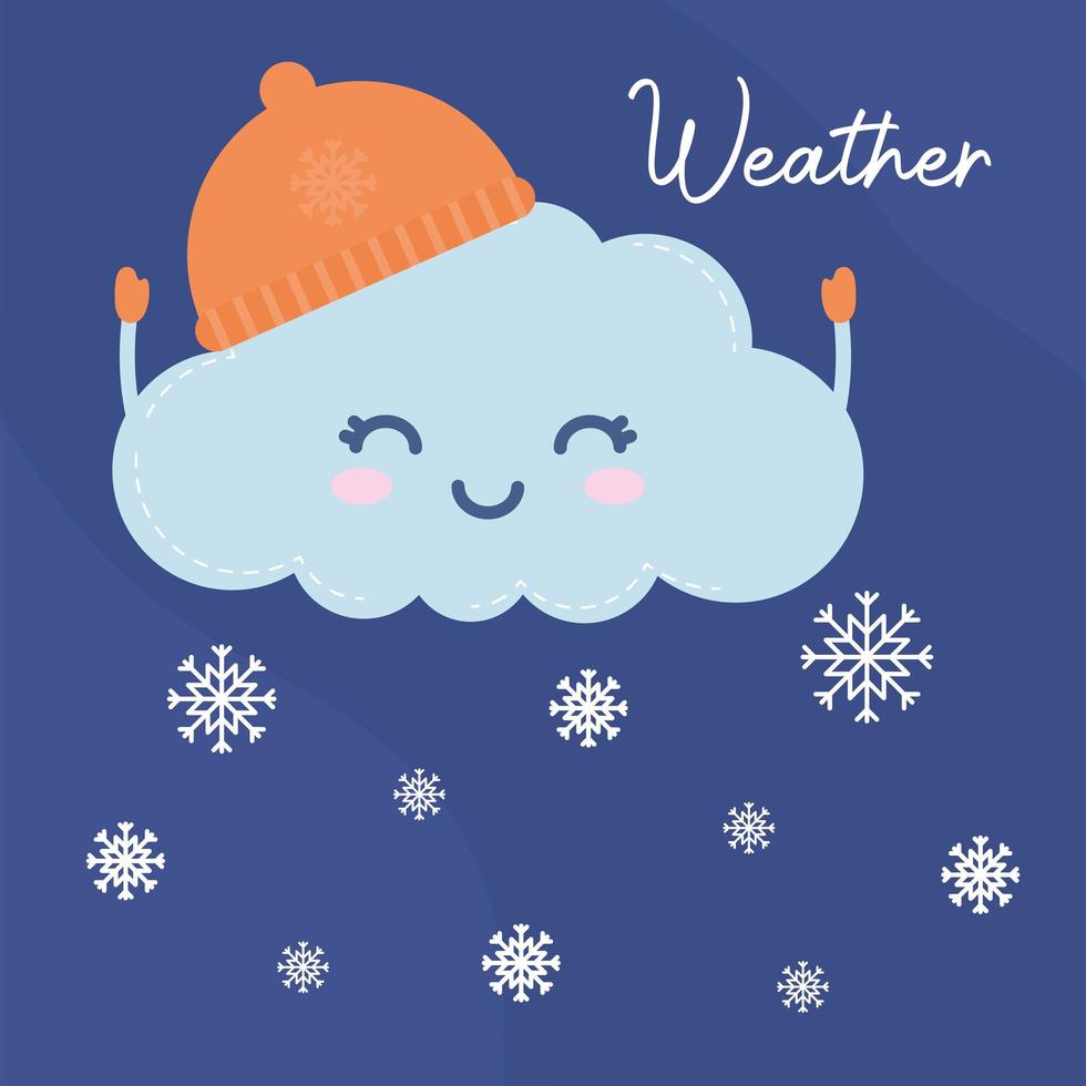 Nube sonriendo con un sombrero y copos de nieve sobre un fondo azul. vector