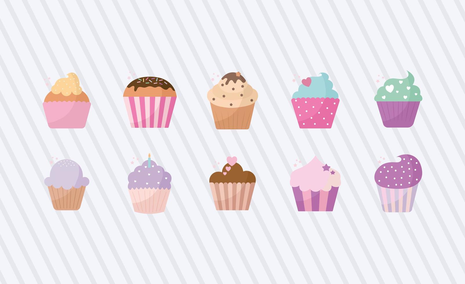 bundle of baked cupcakes icons vector