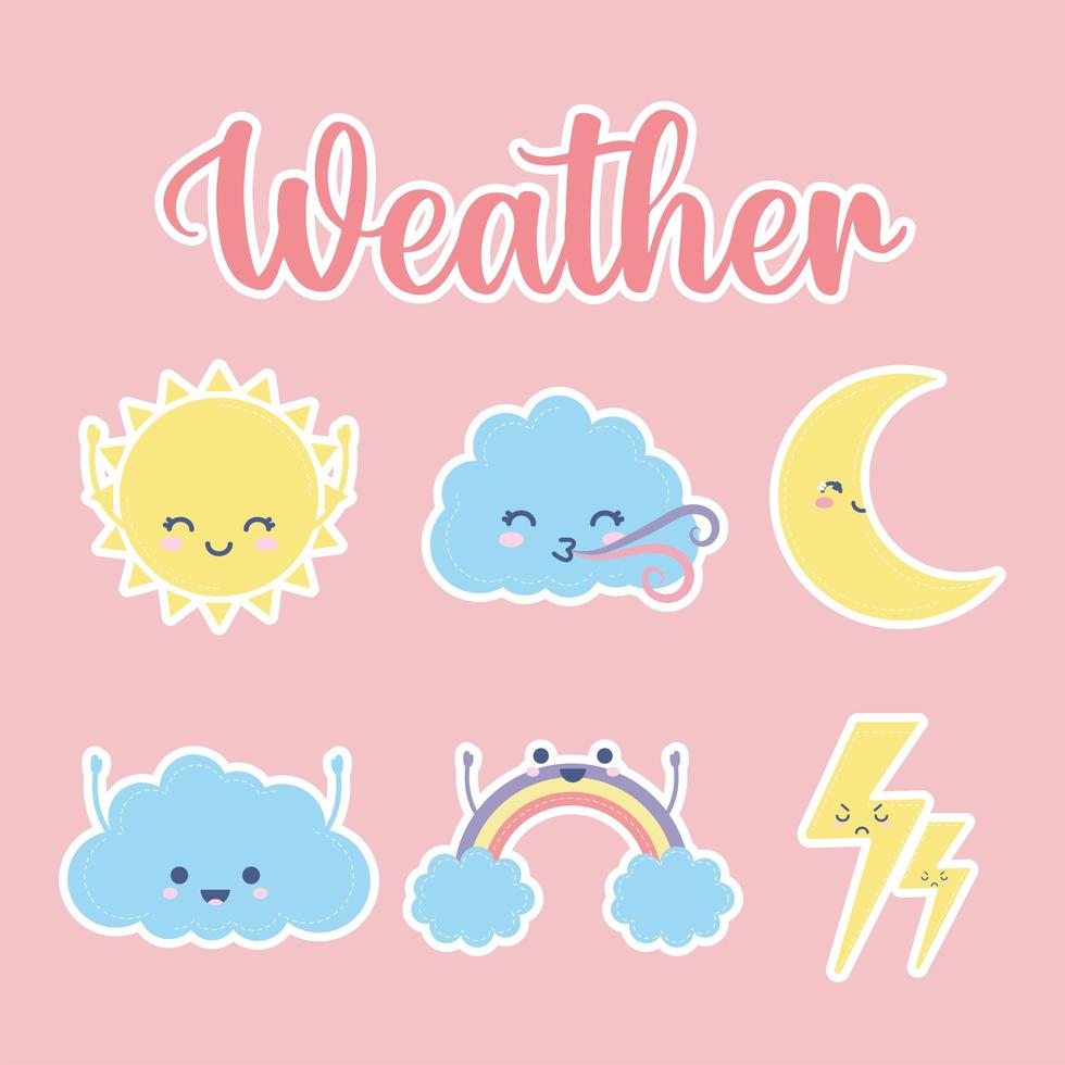 set of weather icons with weather lettering on a pink background vector