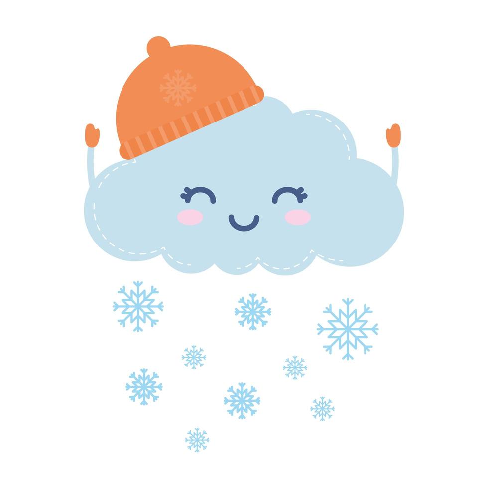 cloud smiling with one hat and snowflakes vector