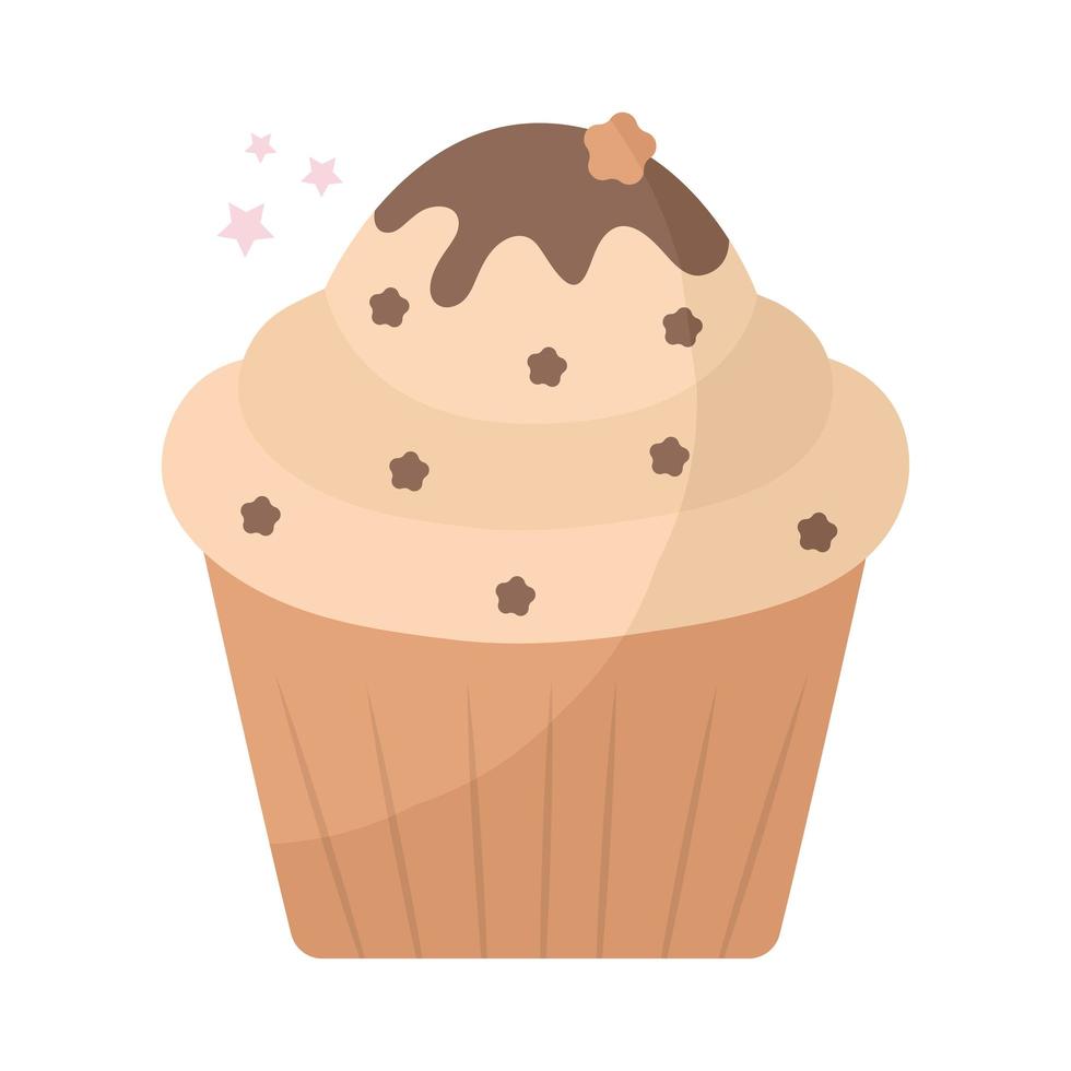 cupcake cubierto con glaseado de chocolate y estrellas vector