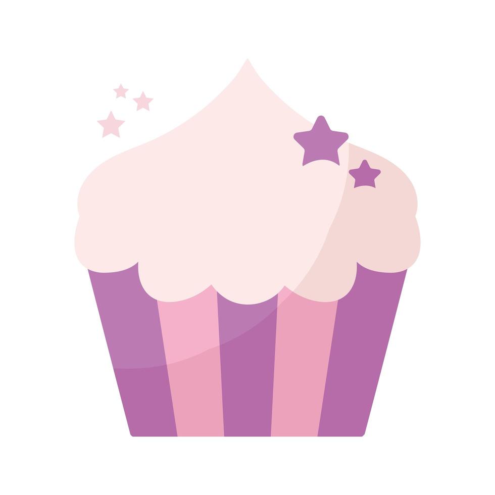 cupcake cubierto con glaseado rosa y estrellas púrpuras vector