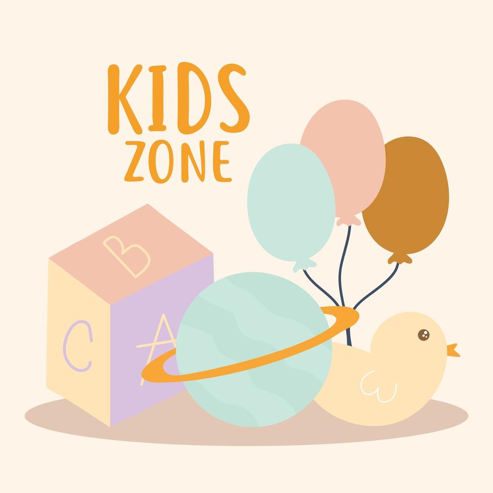 kids zone lettering and bundle of cute icons on a beige background vector