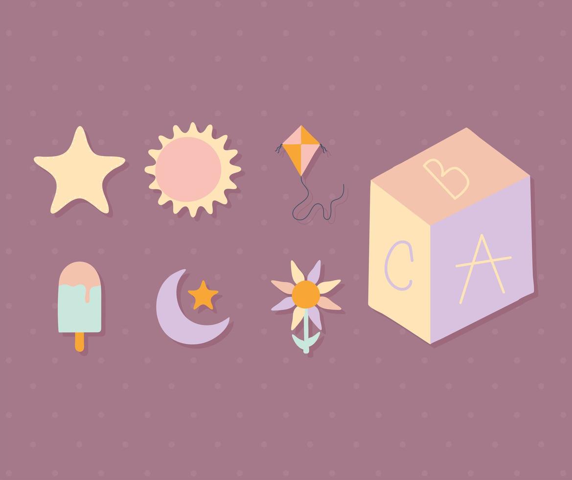 set of cute icons on a purple background vector