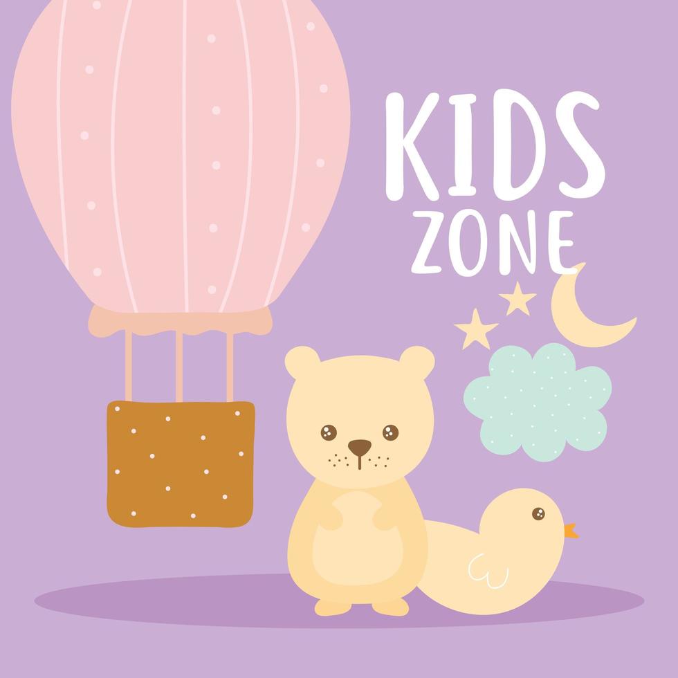 kids zone lettering and set of cute icons on a purple background vector