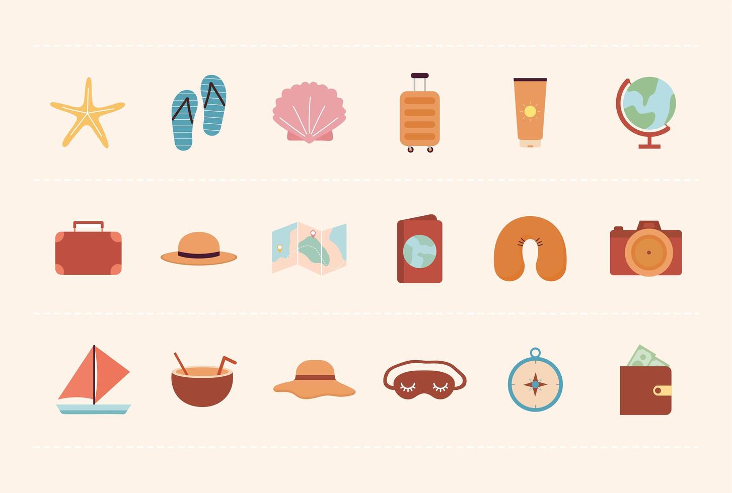 set of adventure icons on a beige background vector