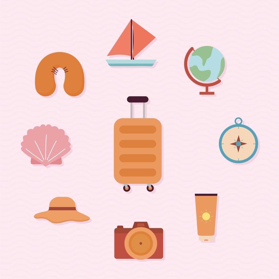 bundle of travel icons on a pink background vector