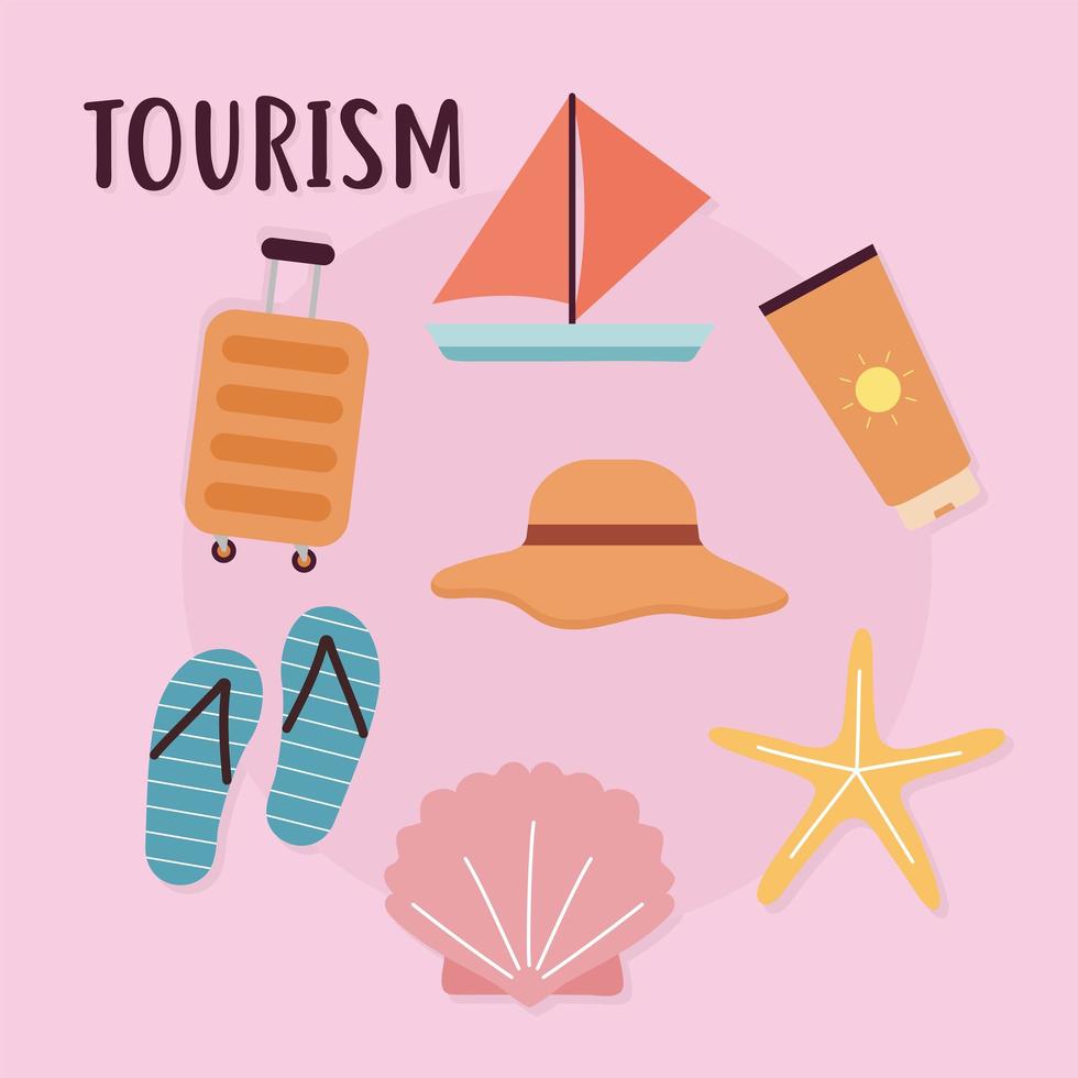 tourism lettering and set of travel icons vector