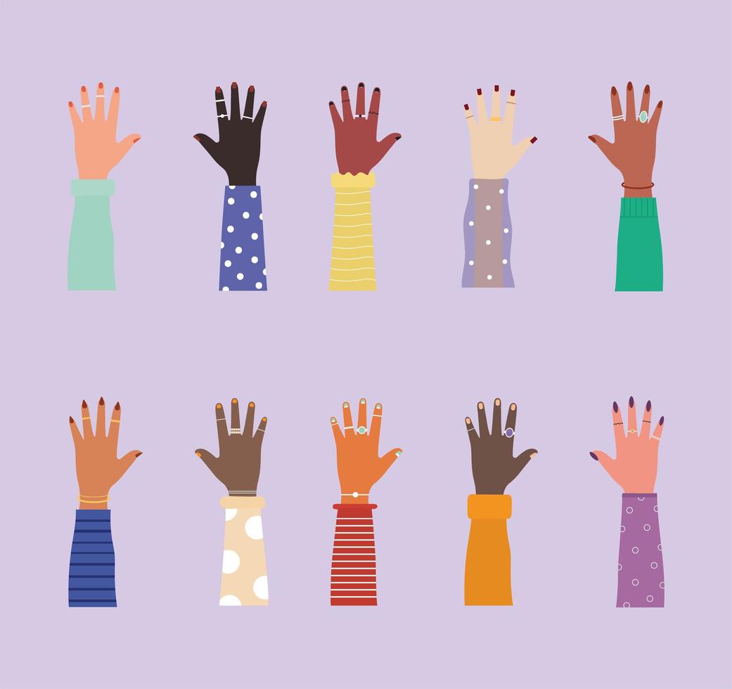 diversity hands with colored nails vector