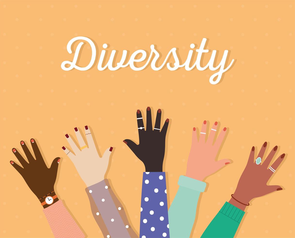 diversity lettering and set of arms with one hand and colored nails on a orange background vector