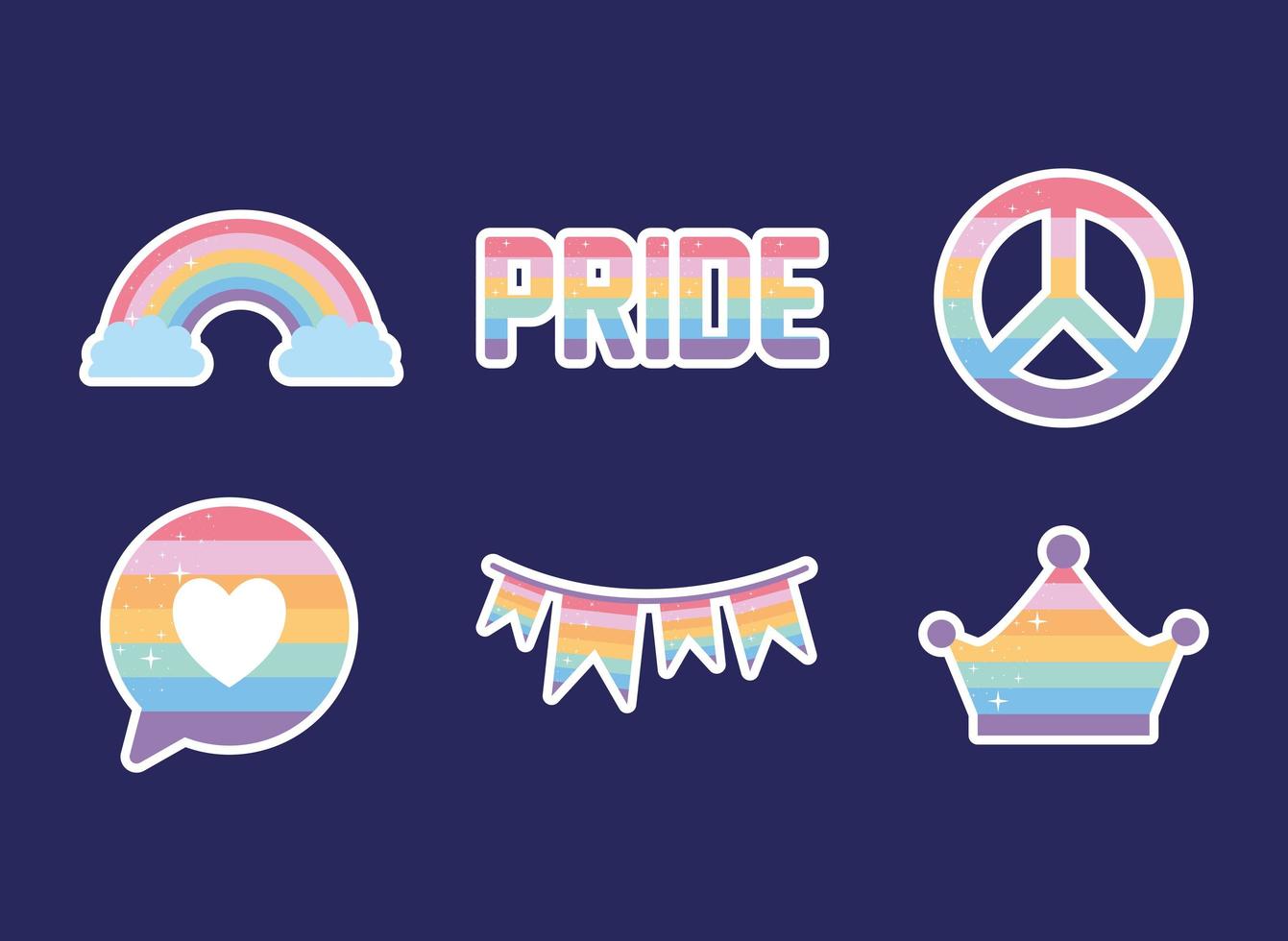 bundle of icons with lgbtq pride colors on a purple background vector