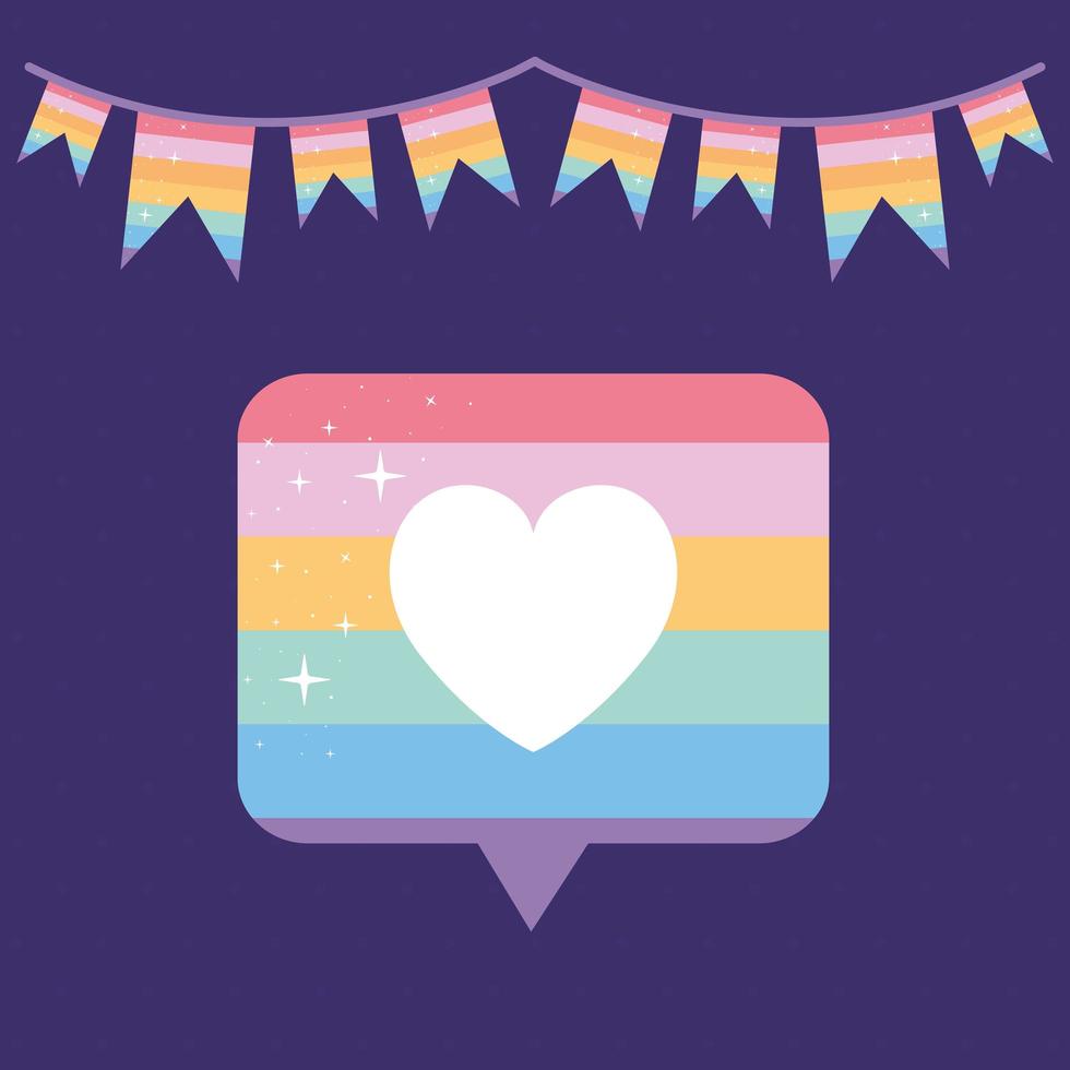 message bubble with pride lgbtq color, one heart in the middle of it and one garland on a purple background vector