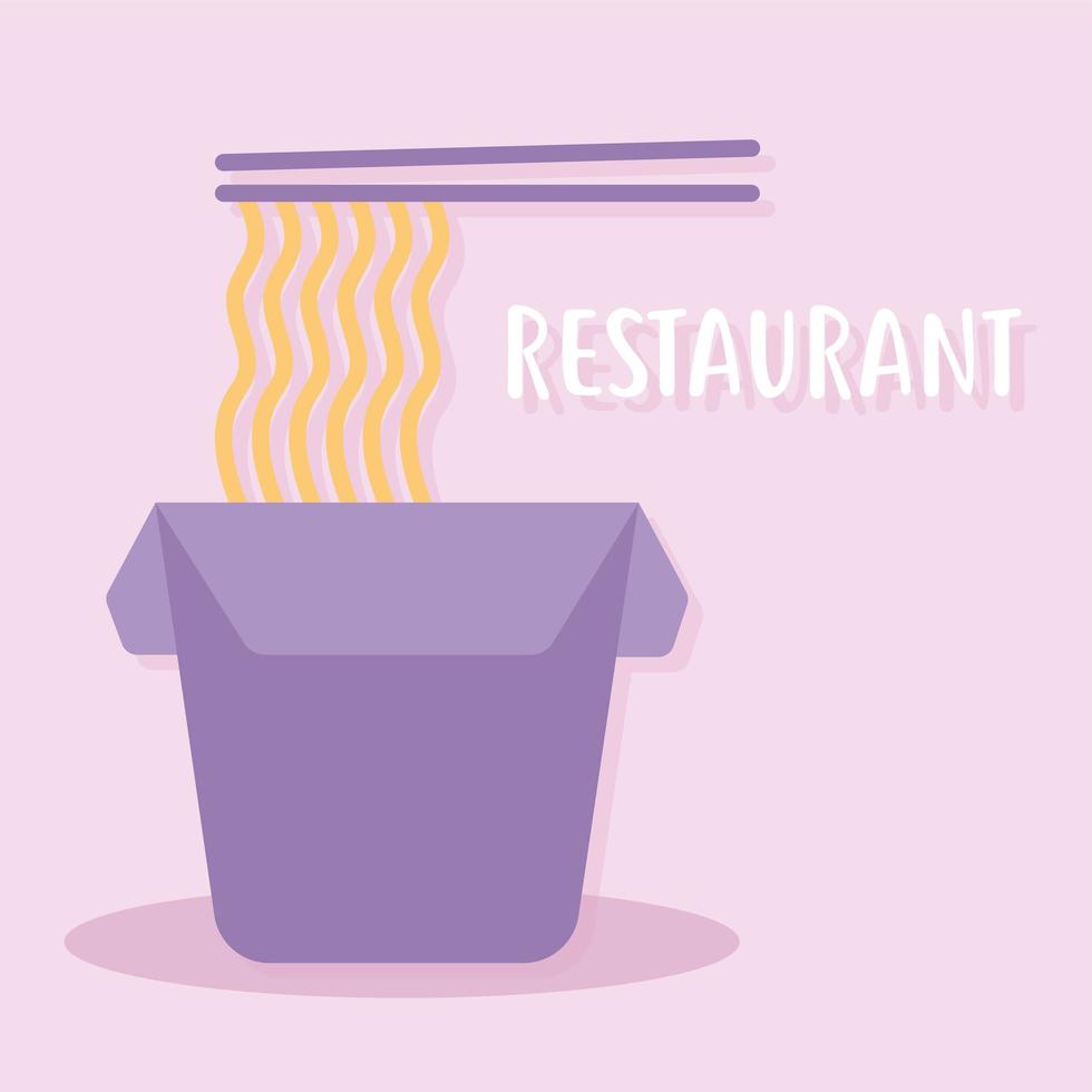 Letras de restaurante con una caja con fideos y dos palillos. vector