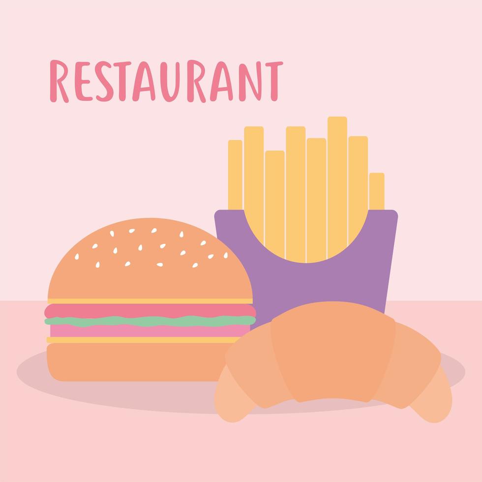 letras de restaurante con una hamburguesa, papas fritas y croissant vector