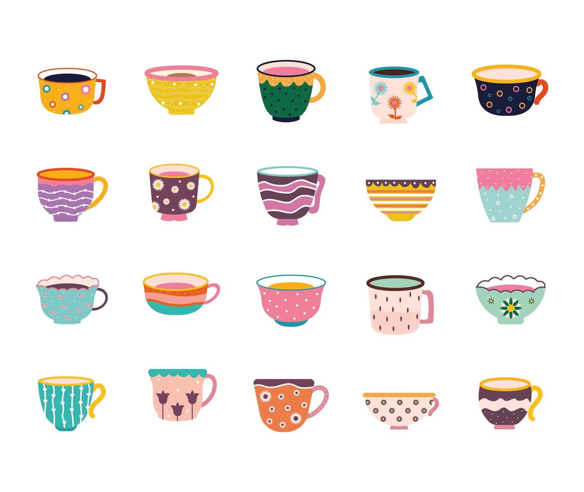 set of tea and coffee cups on a white background vector