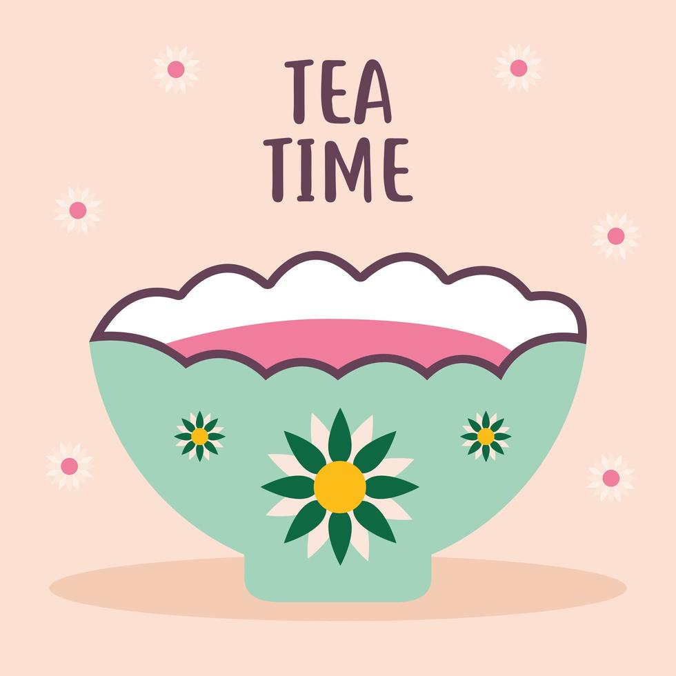 tea time lettering with green cup of coffee and flowers vector