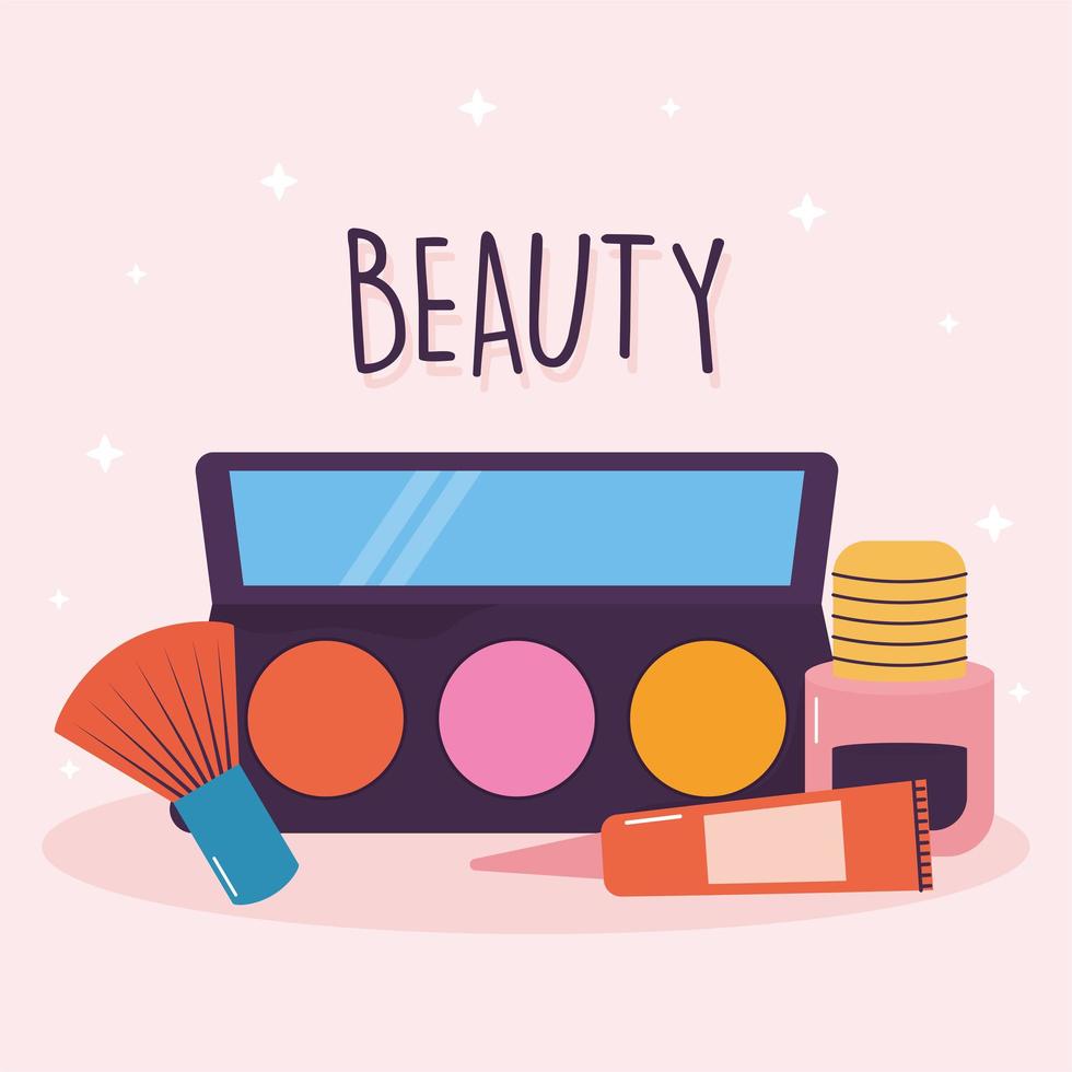 beauty lettering and eye shadow, cream and makeup brushes vector