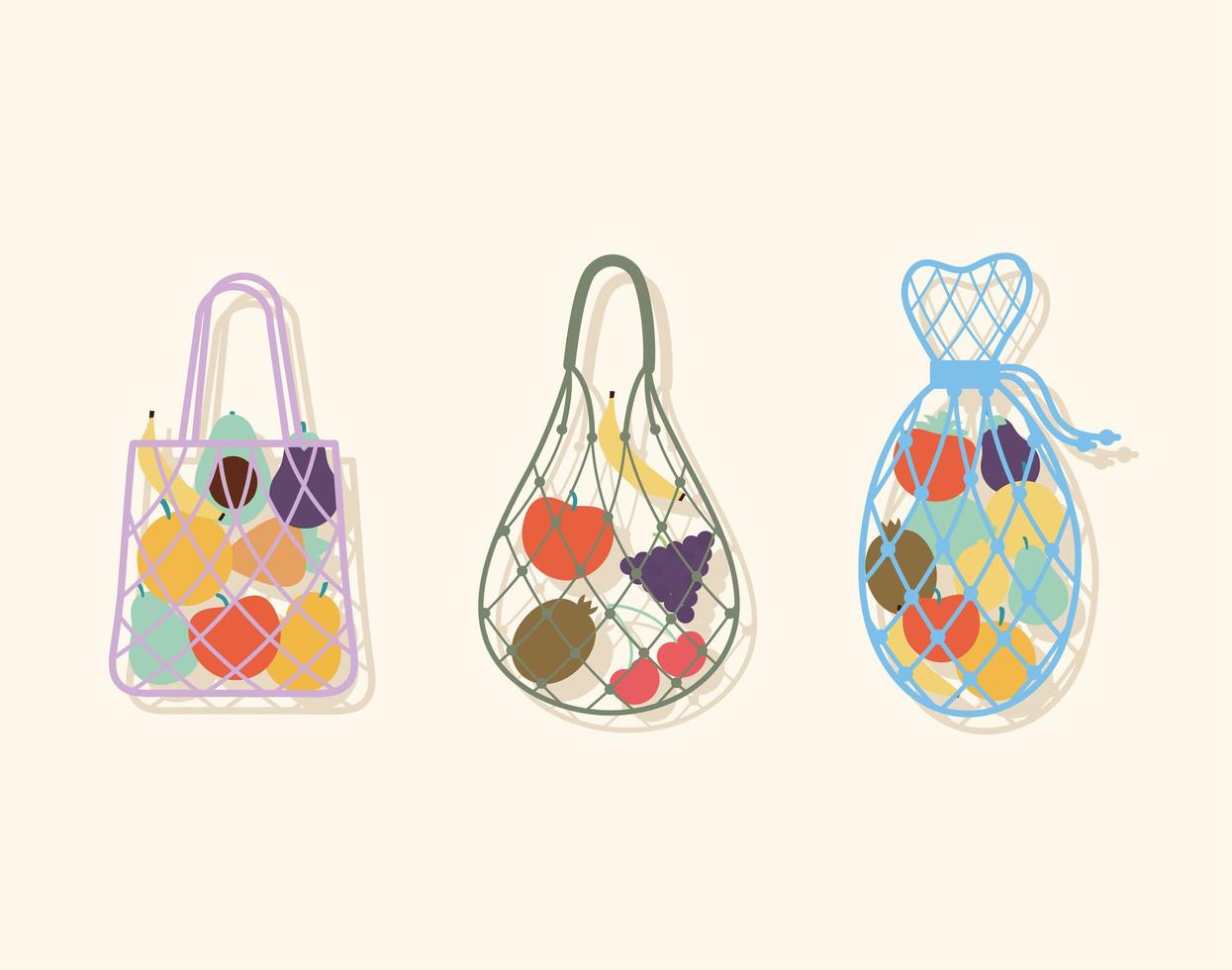 set of three eco bags with a fruits inside of it vector