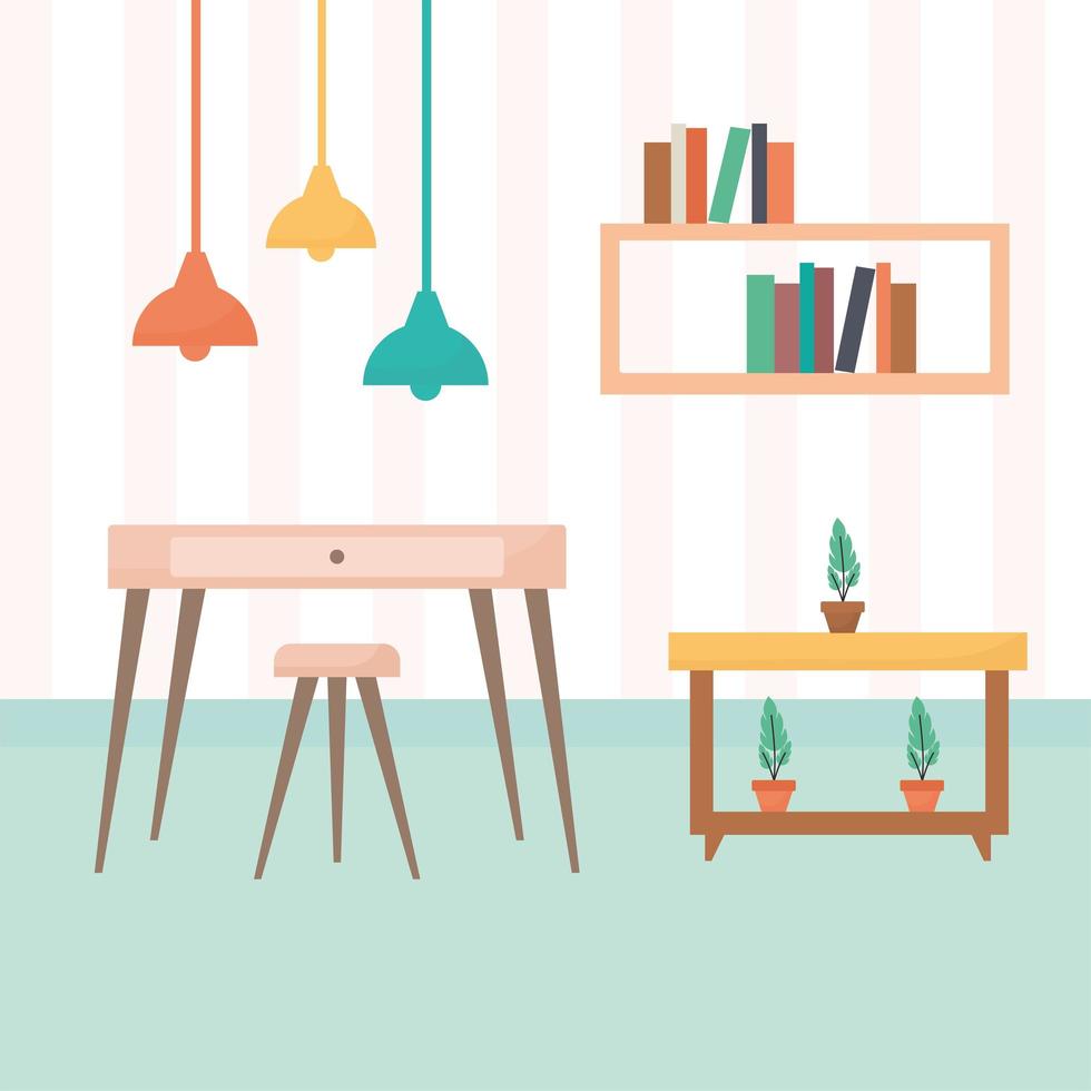living room with tables filled with books and plants plus a chandelier vector