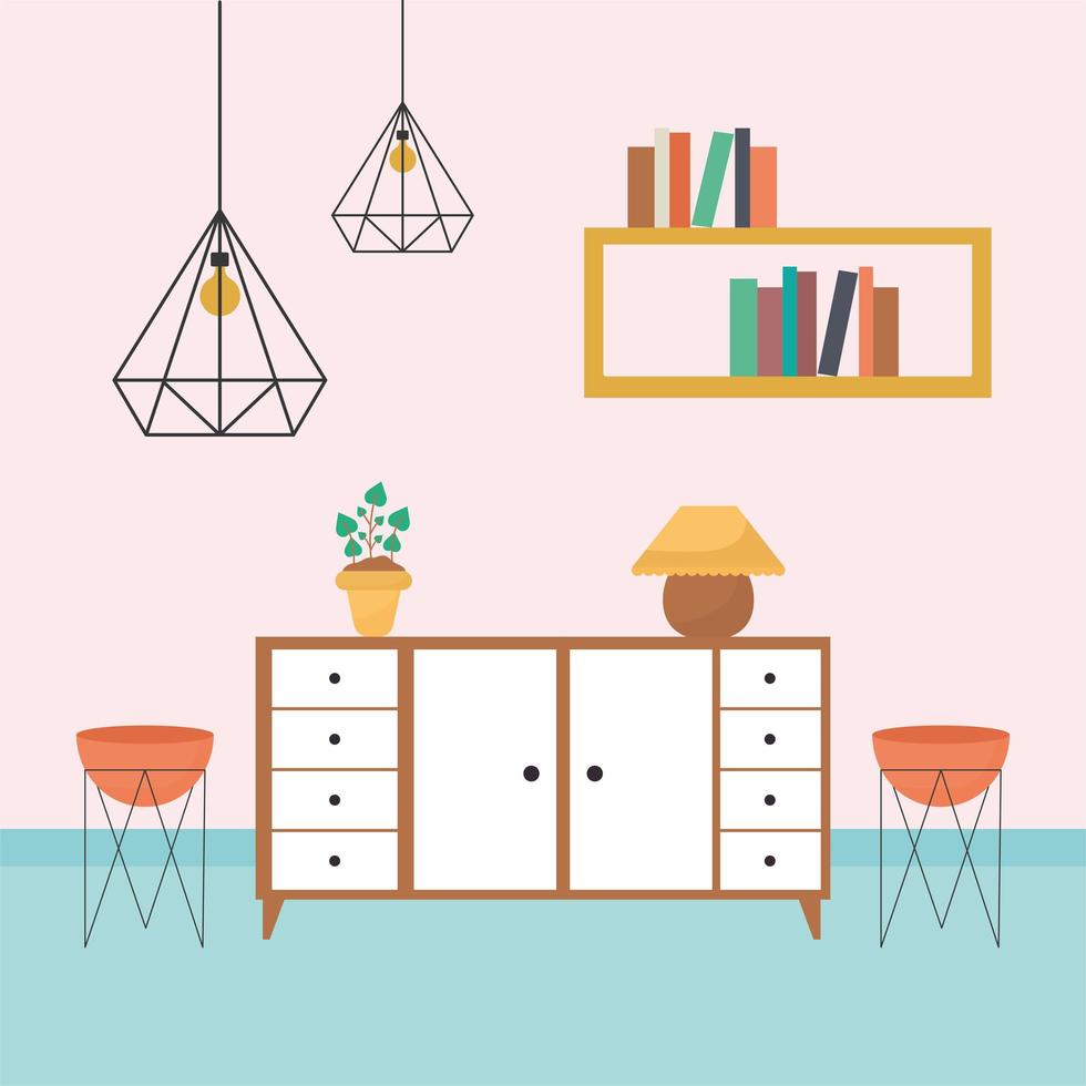 living room with tables filled with books, one plant, flowers pots plus a chandeliers vector