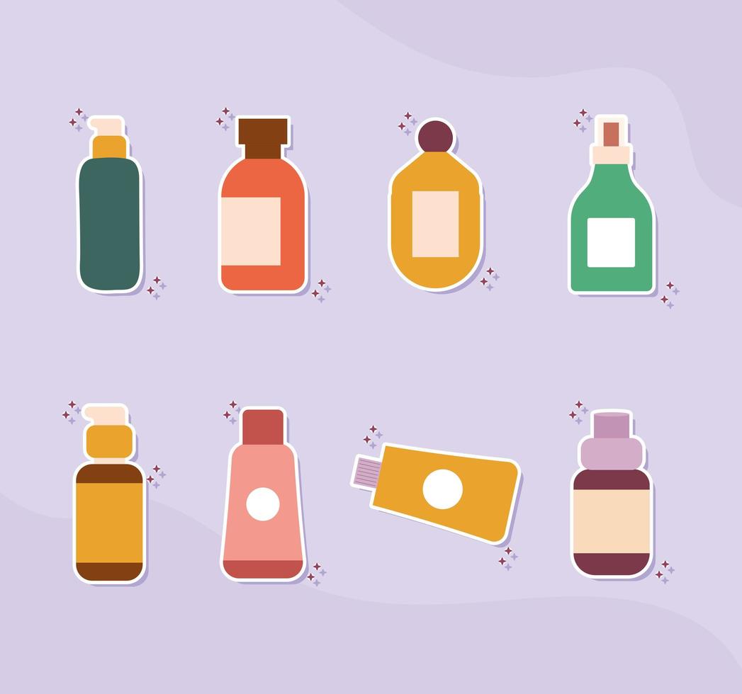 set of organic cosmetic icons on a purple background vector