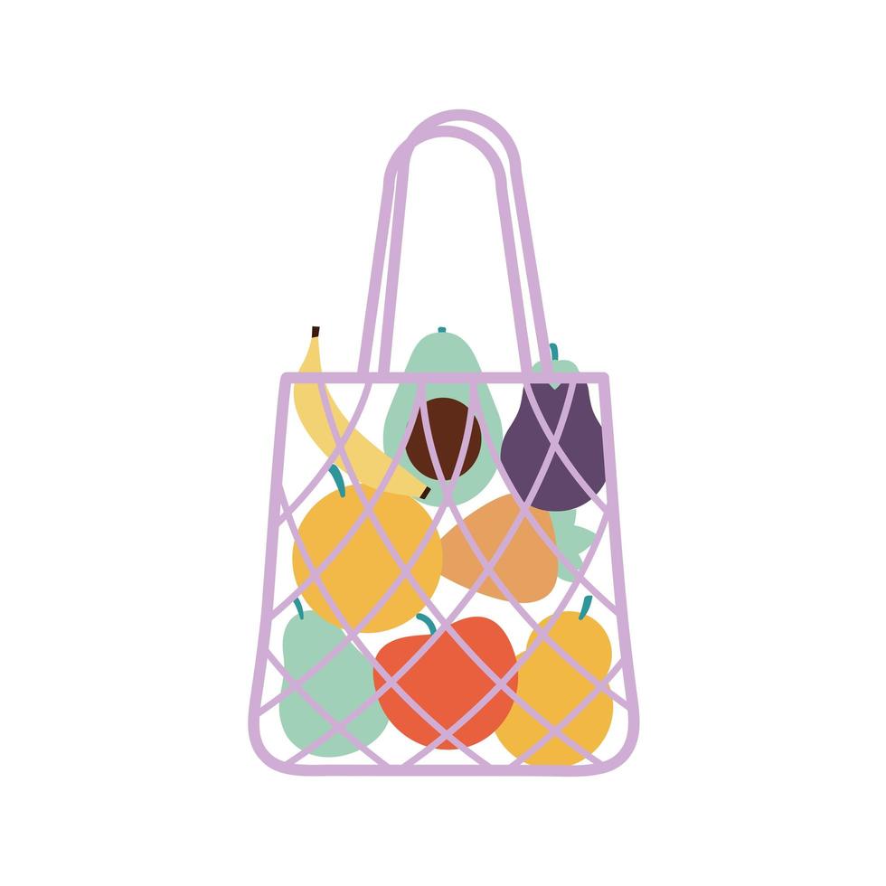 bolsa ecológica con frutas en su interior y color morado vector