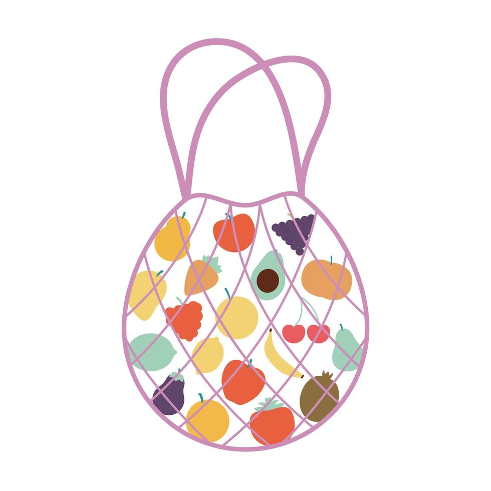 eco bag with a fruits inside of it and dark purple color vector