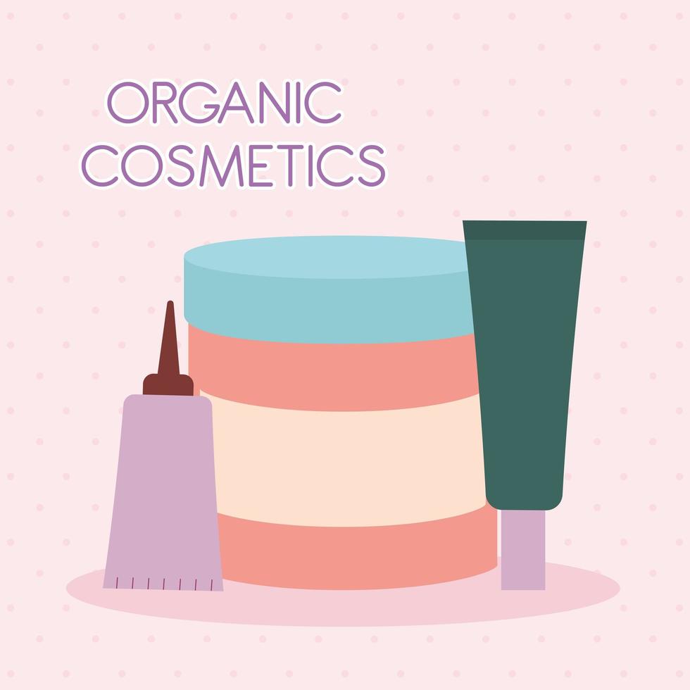 organic cosmetic lettering with a bundle of organic cosmetic icons on a pink background vector
