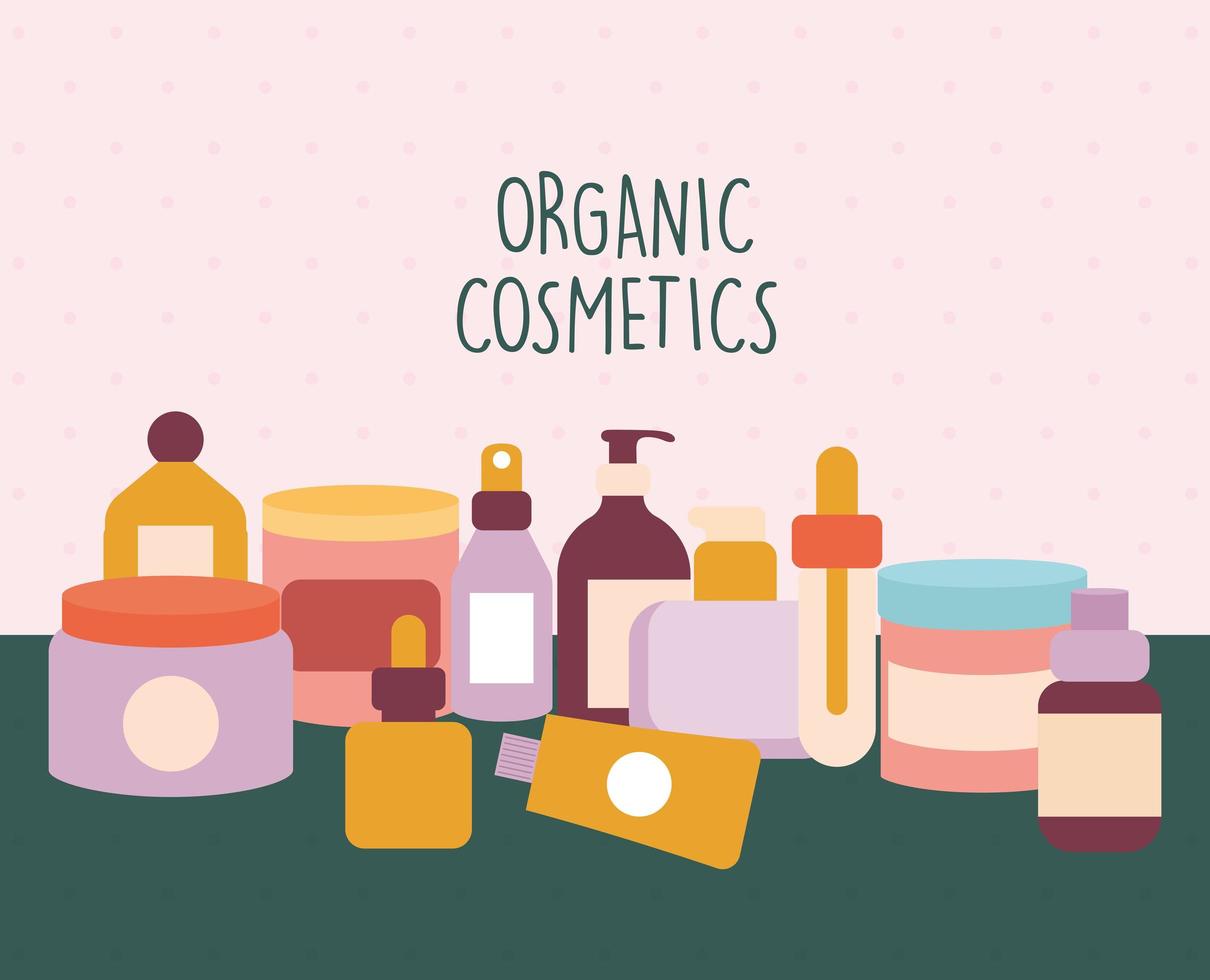 organic cosmetic lettering with a bundle of organic cosmetic icons vector