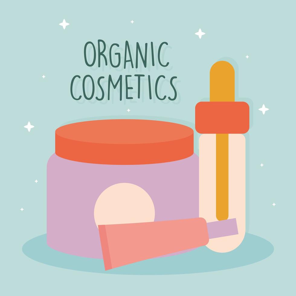 Letras de cosméticos orgánicos con un paquete de iconos de cosméticos orgánicos sobre un fondo azul. vector