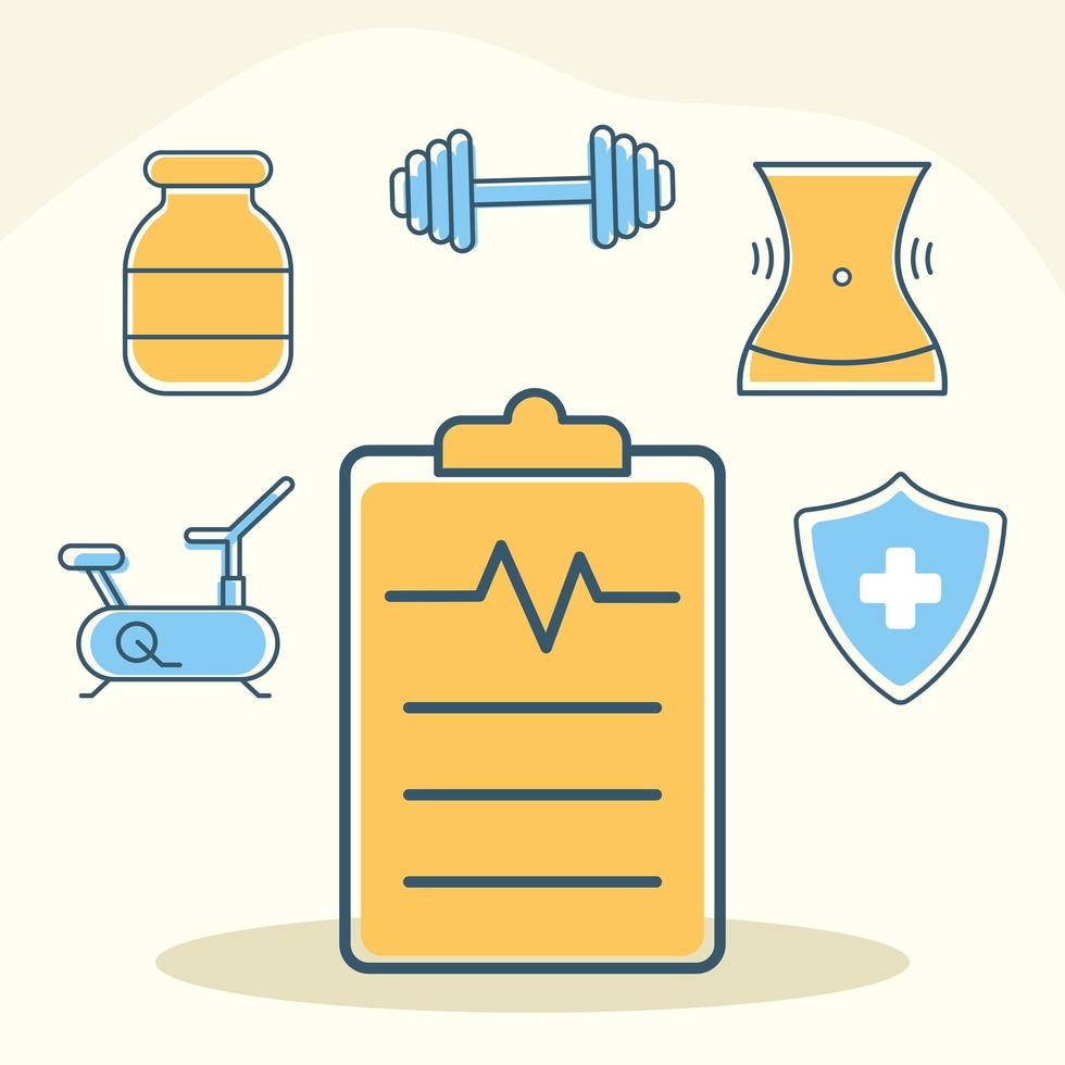 bundle of fitness and health icons on a orange background vector