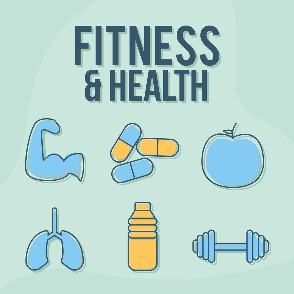 Letras de fitness y salud con un conjunto de iconos de fitness y salud sobre un fondo azul vector