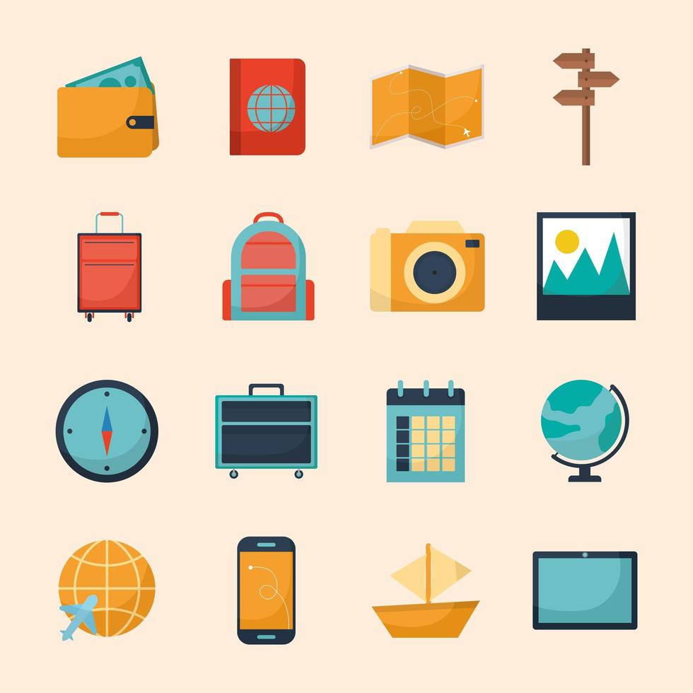 set of travel icons on a pink background vector