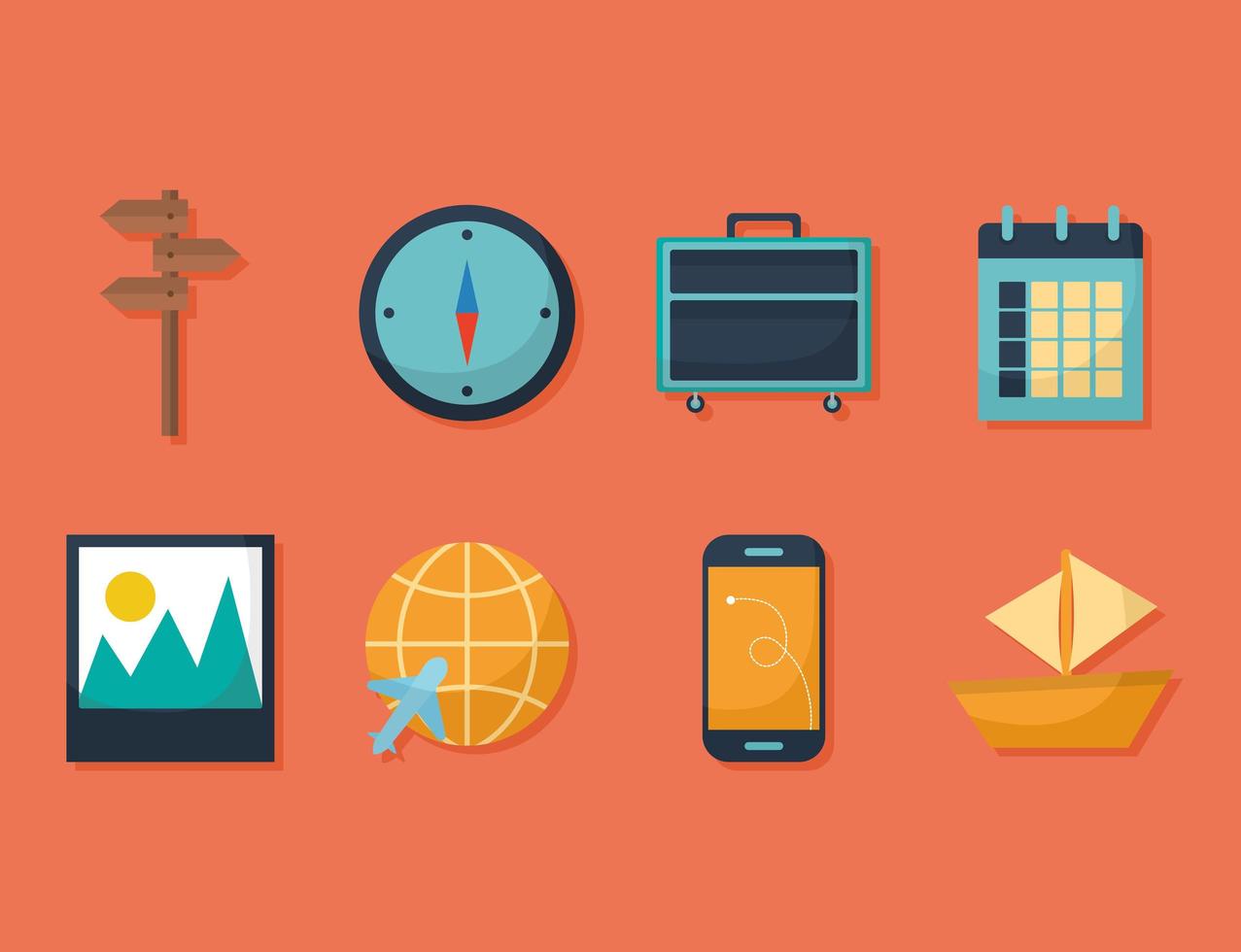 set of travel icons on a red background vector