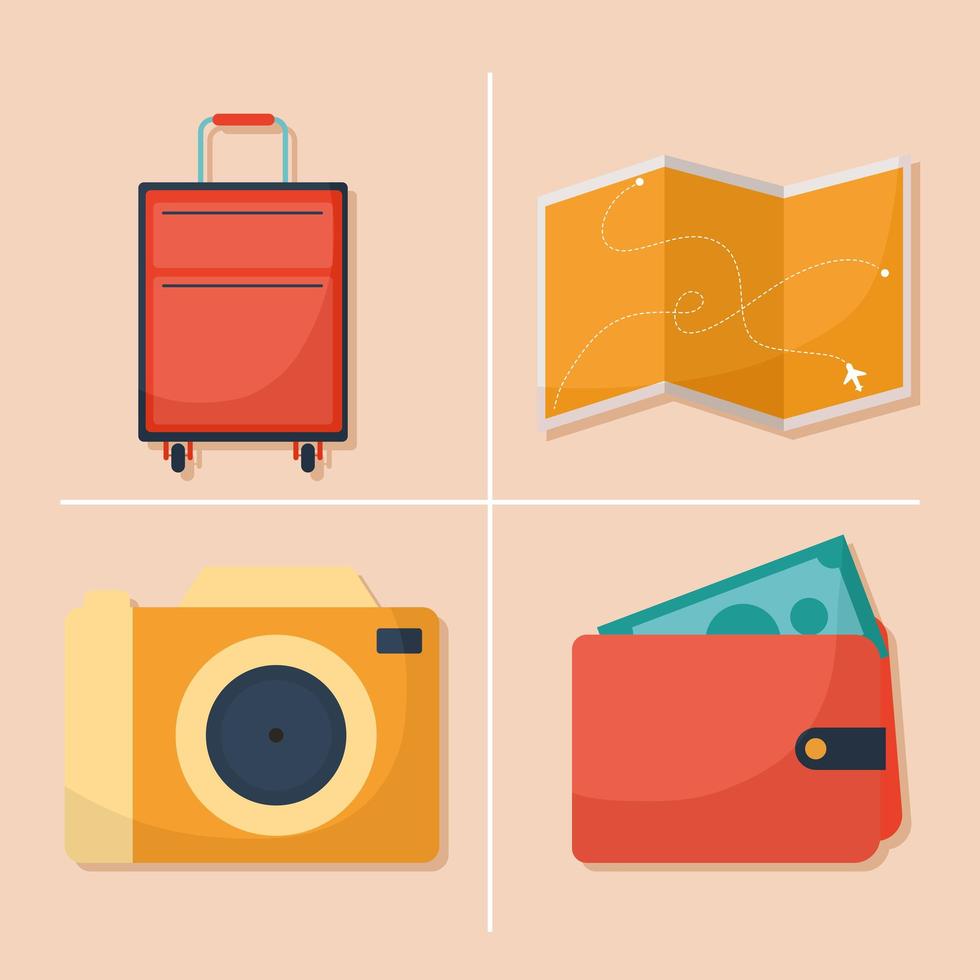 bundle of travel icons on a pink background vector