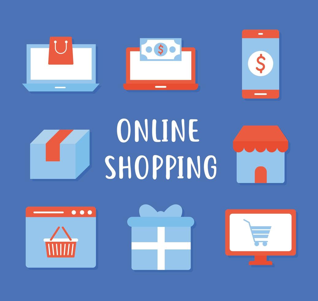 online shopping lettering and set of online shopping icons vector