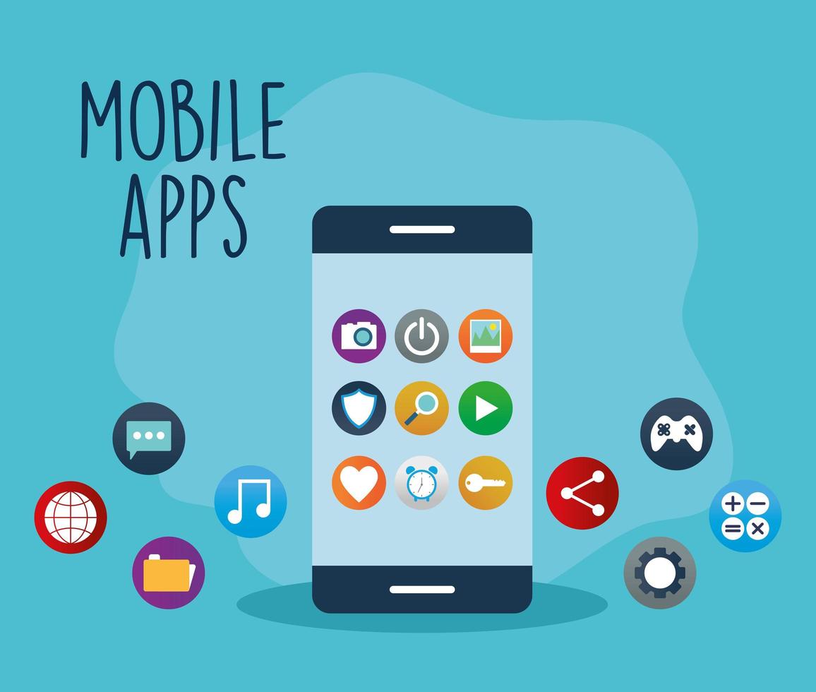 mobile apps lettering in the side of a phone with a bundle of apps icons vector