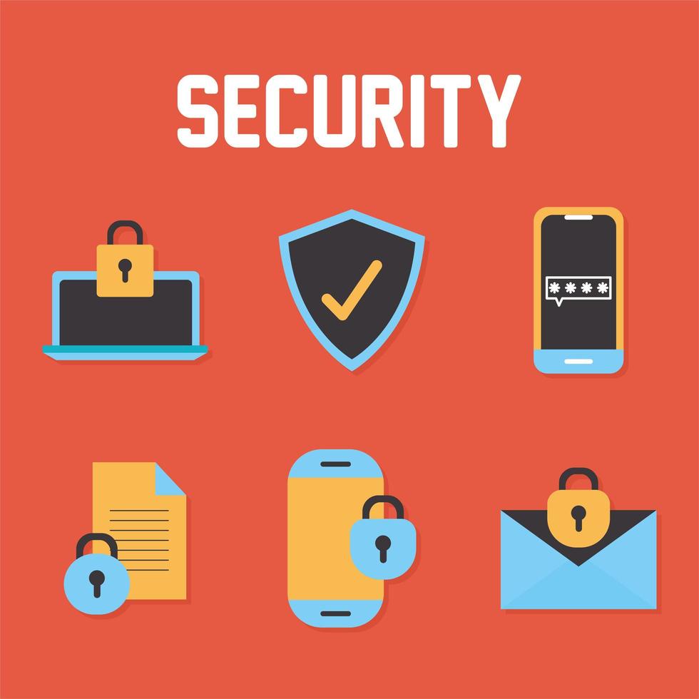 security lettering and bundle of security icons on a red background vector