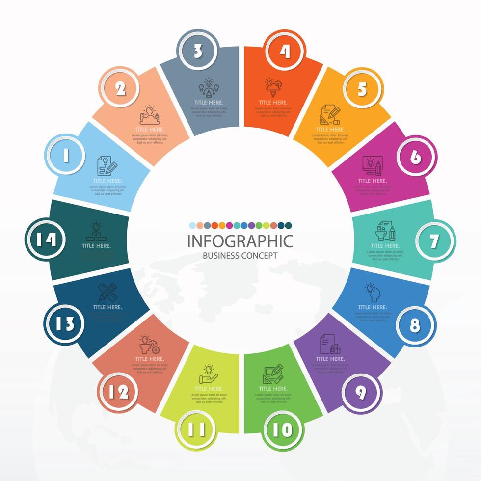 Plantilla de infografía de círculo básico con 14 pasos. vector