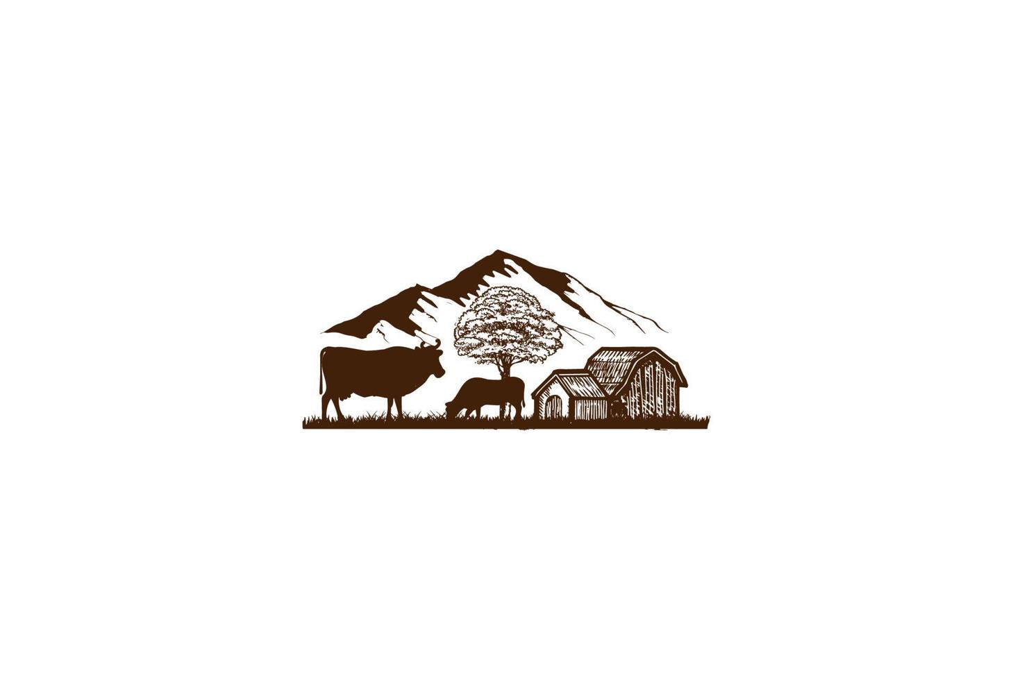 Retro Vintage Angus Cattle with Barn and Meadow Logo Design Vector