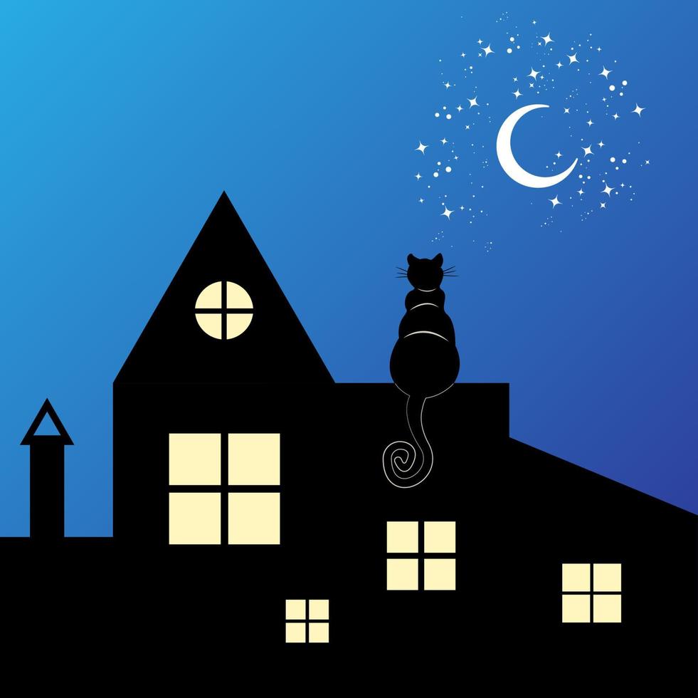 Black Cat sitting on the roof at night look at the crescent moon and the night blue sky and stars, vector illustration background