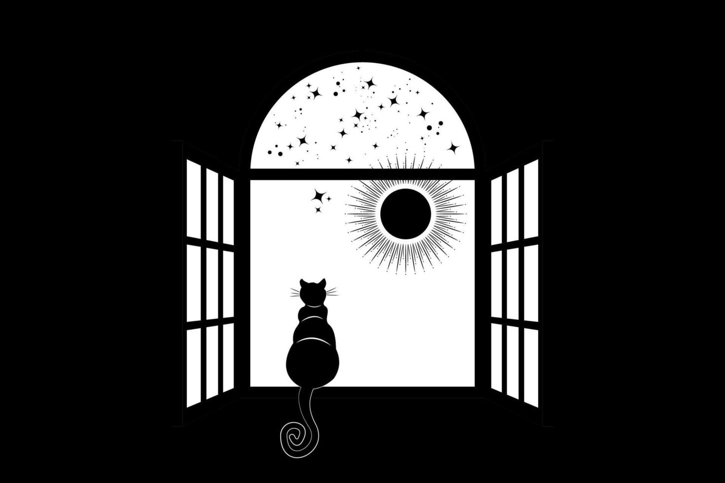 Black Cat sitting on the window at look at the sky and the sun, stars, vector illustration on black background