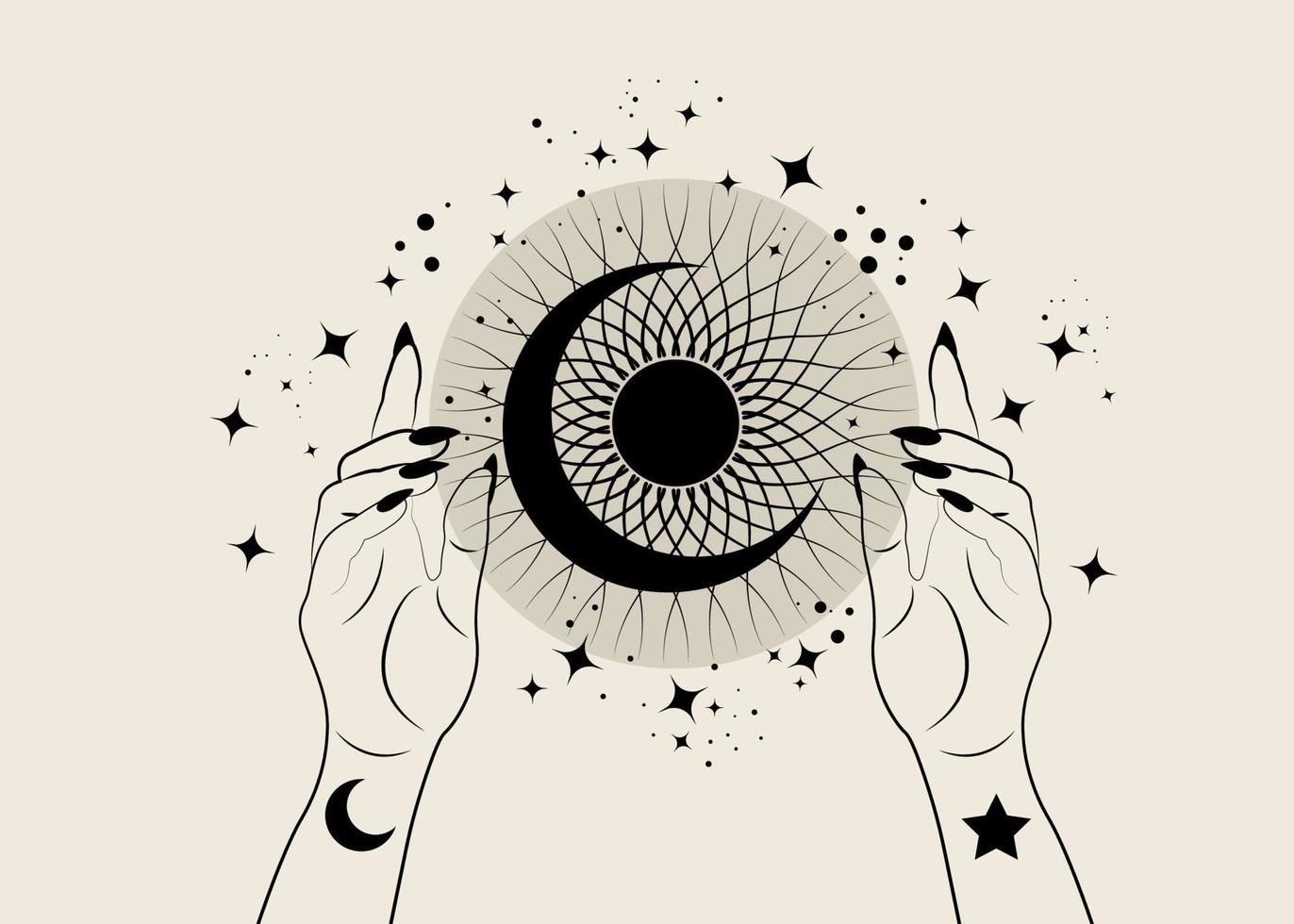 Manos de mujer mística sosteniendo la luna creciente y el sol en estilo boho. ocultismo espiritual místico signo wicca. ilustración vectorial aislado sobre fondo vintage vector