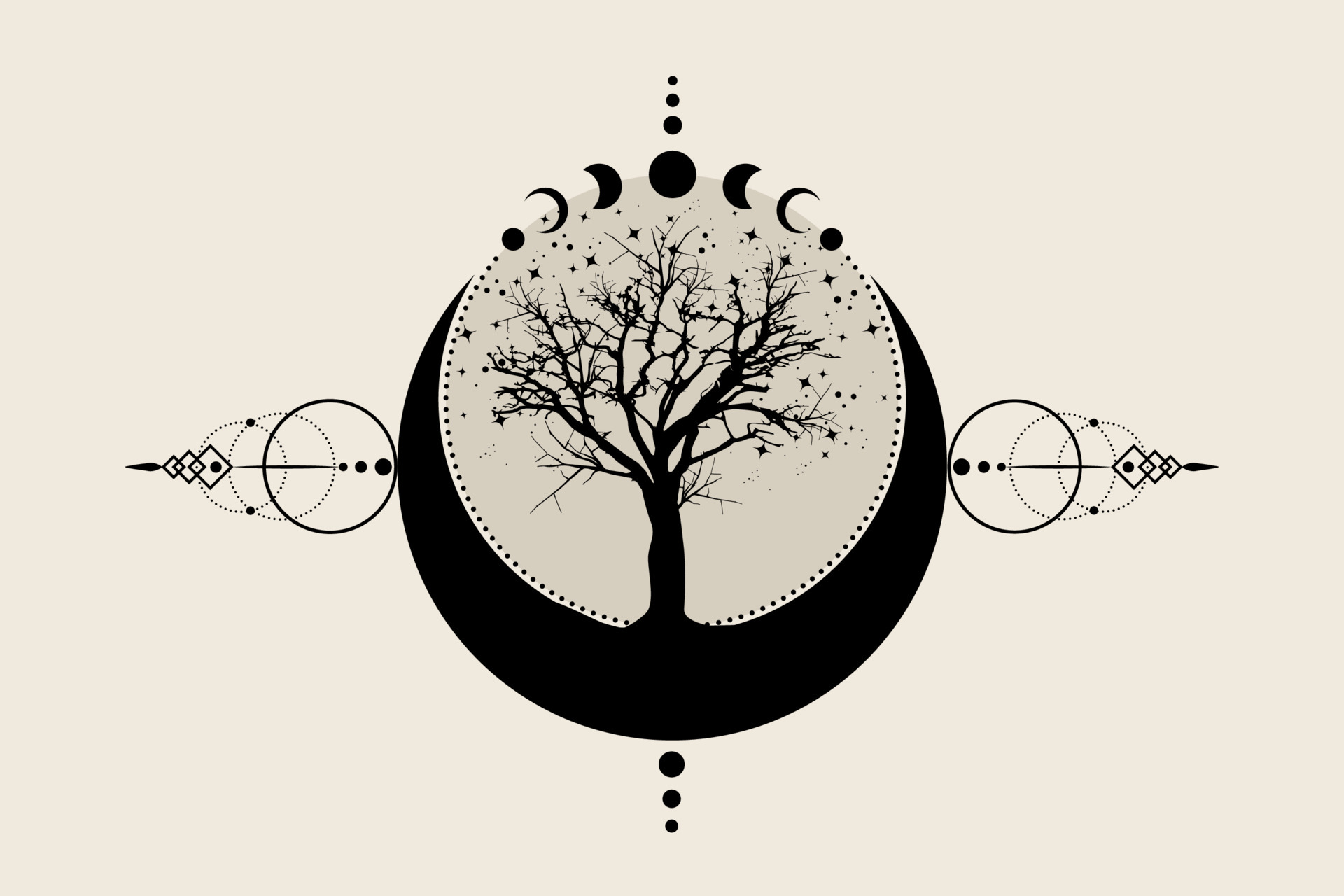 Sacred Tree And Crescent Moon Hand Drawn Mystical Moon Phases Tree Of