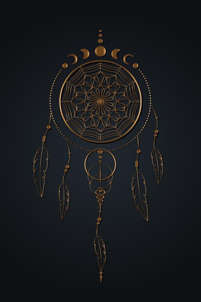 Detailed dreamcatcher with mandala ornament and Moon Phases. Gold Mystic symbol, Ethnic art with native American Indian boho design, vector isolated on black background